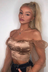 Gold Satin Mesh Sleeve Ruched Detail Crop Top - Rya-Crop Tops