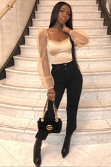 Gold Satin Mesh Sleeve Ruched Detail Crop Top - Rya-Crop Tops