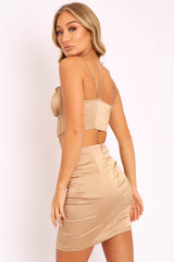 Gold Satin Ruched Crop Top Seam Detail Skirt Co-ord - Dailah-Co-ords