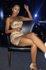 Gold Satin Ruched Crop Top Seam Detail Skirt Co-ord - Dailah-Co-ords