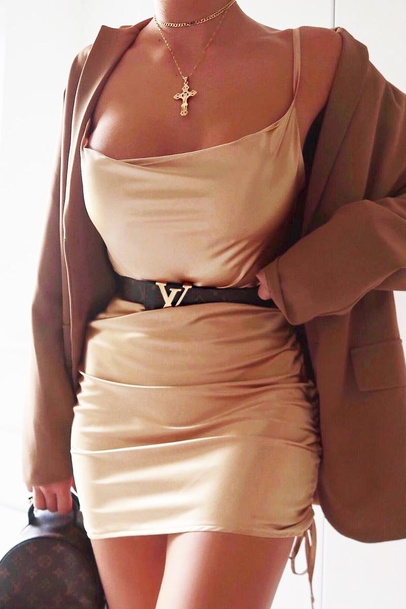 Gold Satin Ruched Side Slip Bodycon Dress - Davie-Dresses