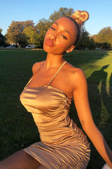 Gold Satin Strappy Cross Back Ruched Dress - Catarina-Dresses