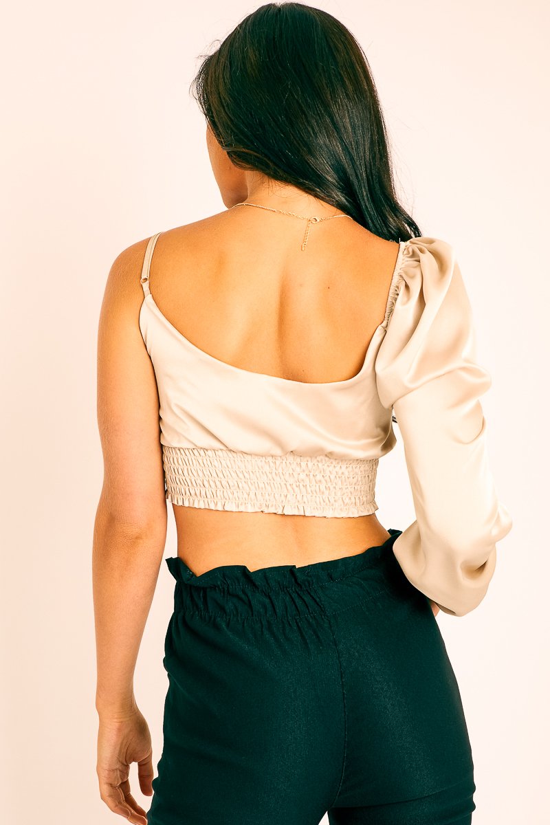 Gold Satin Tie Detail One Sleeve Crop Top - Joni-Crop Tops