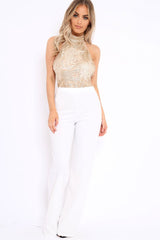 Gold Sequin Embroidered Halter Neck Bodysuit - Marci-Bodysuits
