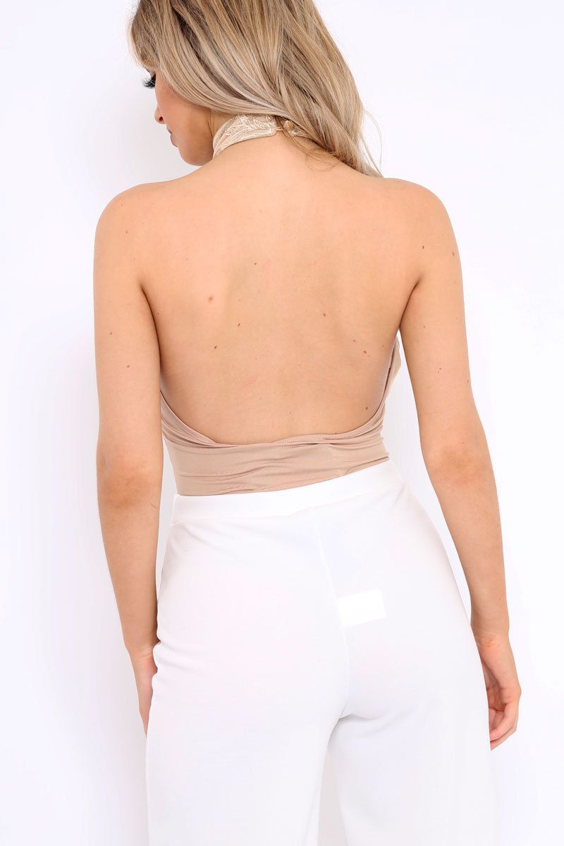 Gold Sequin Embroidered Halter Neck Bodysuit - Marci-Bodysuits