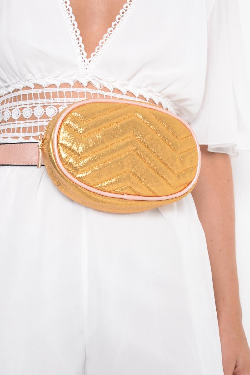 Gold Shiny Belted Bumbag - Ignacia-Bags