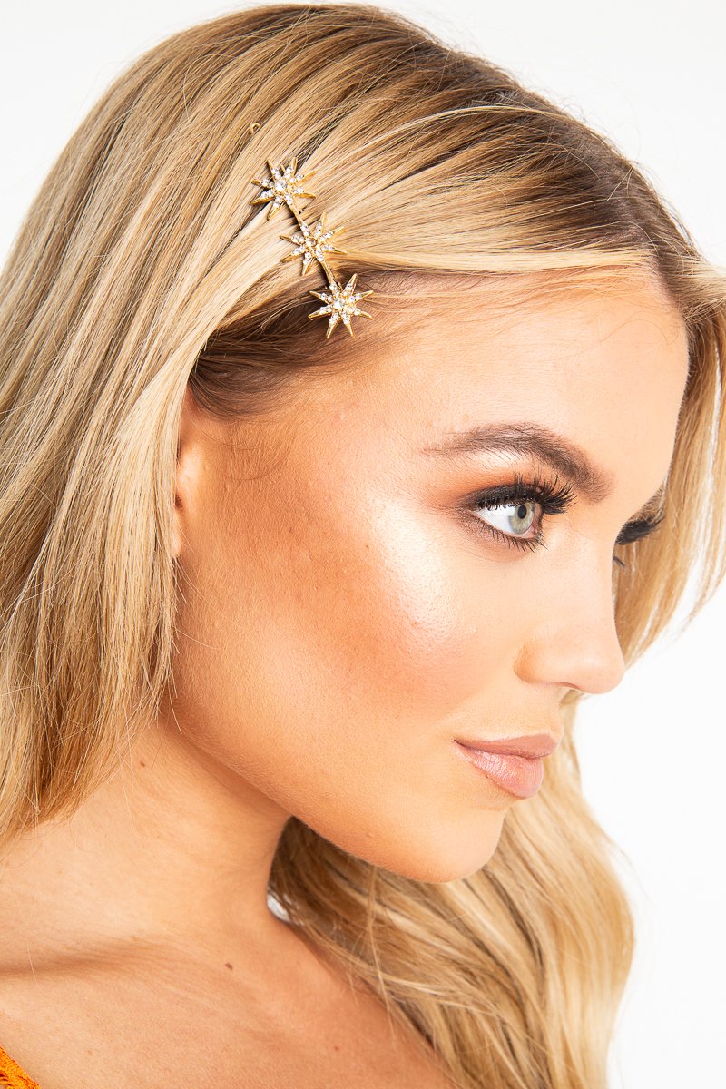 Gold Star Detail Diamante Embellished Hair Clip - Kymari-Hair