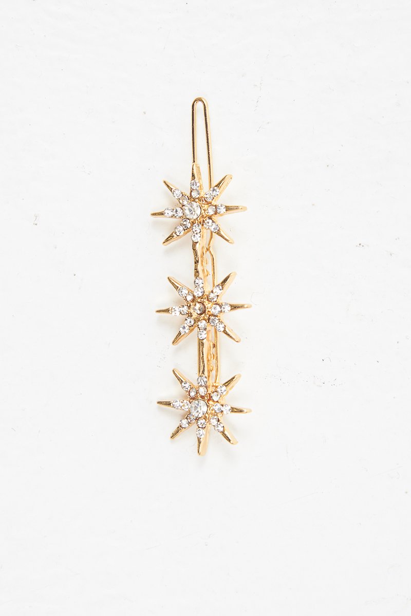 Gold Star Detail Diamante Embellished Hair Clip - Kymari-Hair