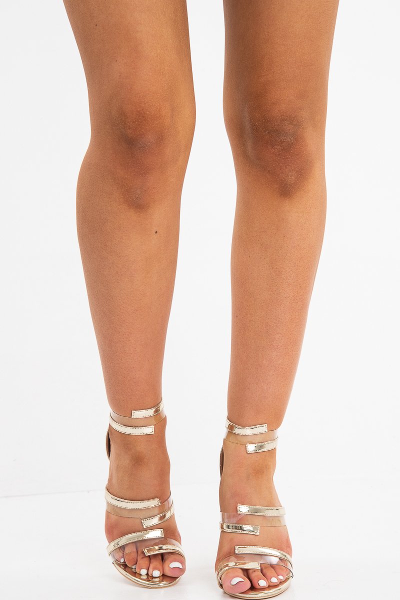 Gold Strappy Clear Insert Stiletto Heels - Evolett-Heels