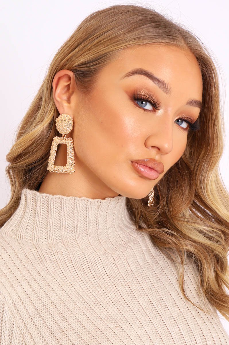 Gold Textured Rectangle Drop Earrings - Kamrin-Jewellery