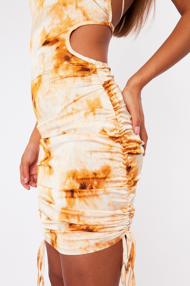 Gold Tie Dye Ruched Side Midi Dress - Adorah-Dresses