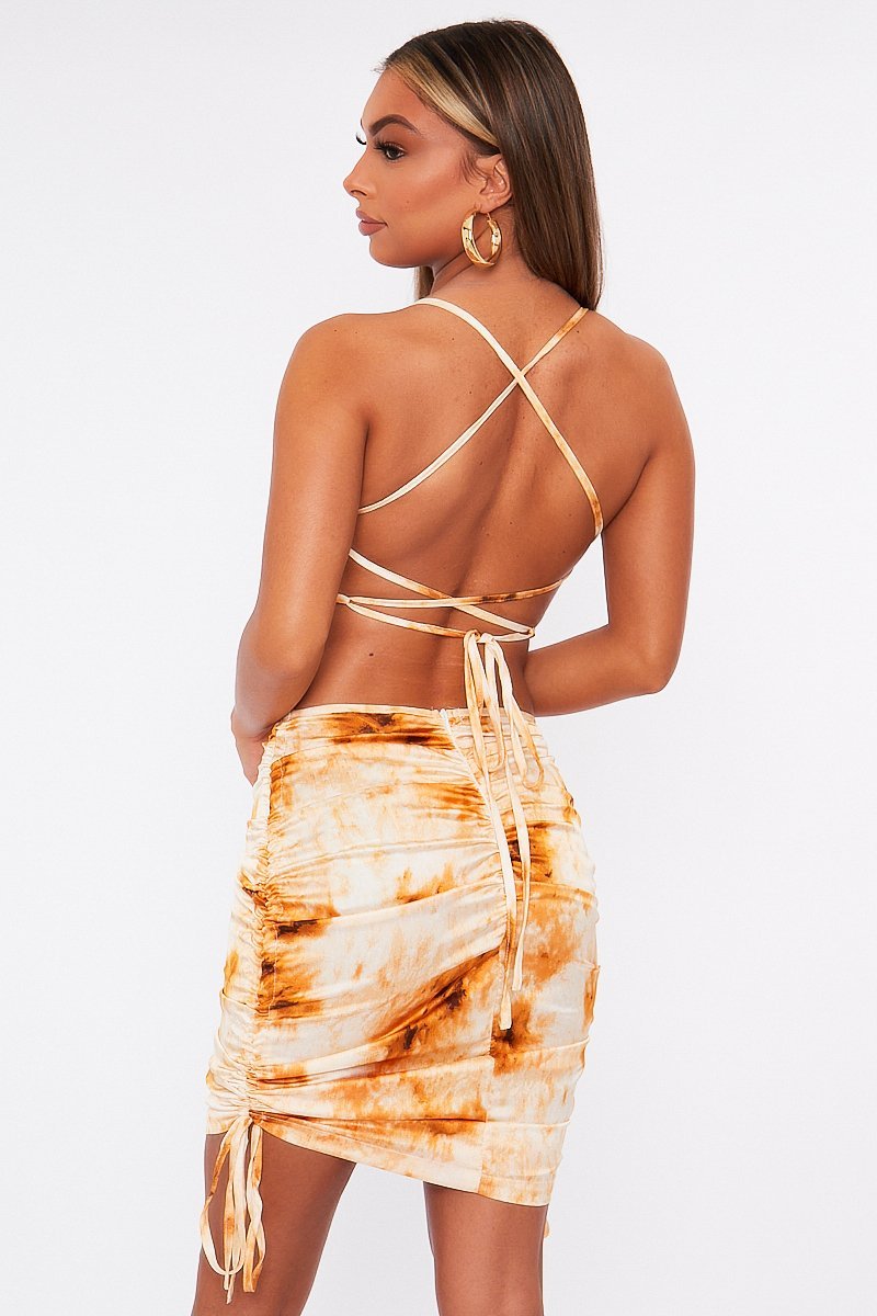 Gold Tie Dye Ruched Side Midi Dress - Adorah-Dresses