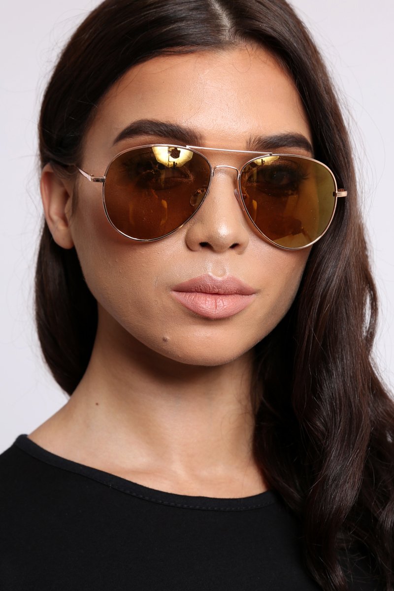 Gold Tinted Lens Gold Frame Aviator Sunglasses -Elly-Sunglasses