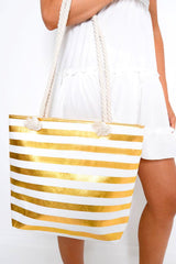 Gold White Stripe Beach Bag - Loriana-Bags