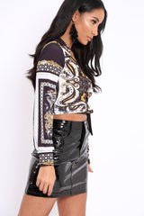 Gold and Black Slinky Wrap Tie Crop Top - Bleu-Tops