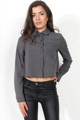 Grace Dark Grey Long Sleeved Cropped Shirt-Shirts