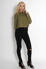 Grace Khaki Long Sleeved Cropped Shirt-Shirts