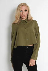 Grace Khaki Long Sleeved Cropped Shirt-Shirts
