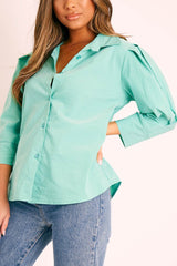 Green 3/4 Sleeve Button Shirt - Gelila-Shirts