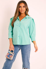 Green 3/4 Sleeve Button Shirt - Gelila-Shirts