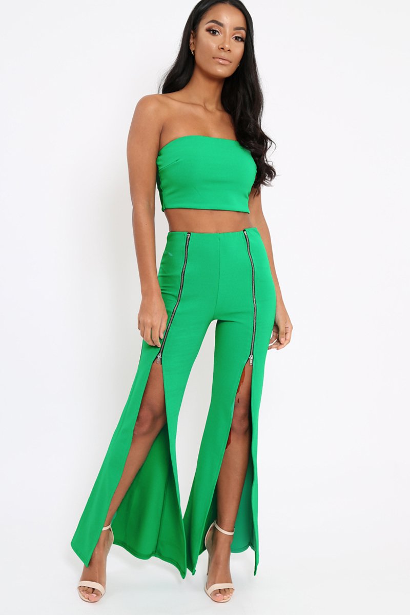 Green Bandeau Crop Top and Zip Front Trousers Co-ord - Ellenie-Co-ords