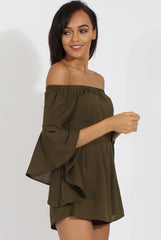 Green Bardot Cropped Bell Sleeve Playsuit - Fabiana-Playsuits