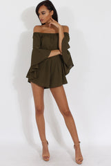 Green Bardot Cropped Bell Sleeve Playsuit - Fabiana-Playsuits