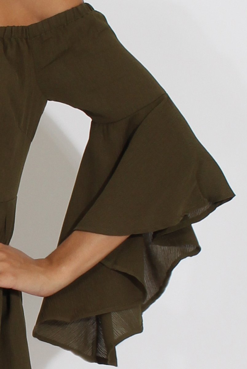 Green Bardot Cropped Bell Sleeve Playsuit - Fabiana-Playsuits