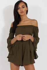 Green Bardot Cropped Bell Sleeve Playsuit - Fabiana-Playsuits