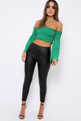 Green Bardot Shirred Crop Top with Flared Sleeves - Shera-Crop Tops