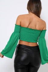 Green Bardot Shirred Crop Top with Flared Sleeves - Shera-Crop Tops