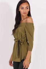 Green Bardot Tie Waist Top - Angie-Tops