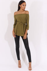 Green Bardot Tie Waist Top - Angie-Tops
