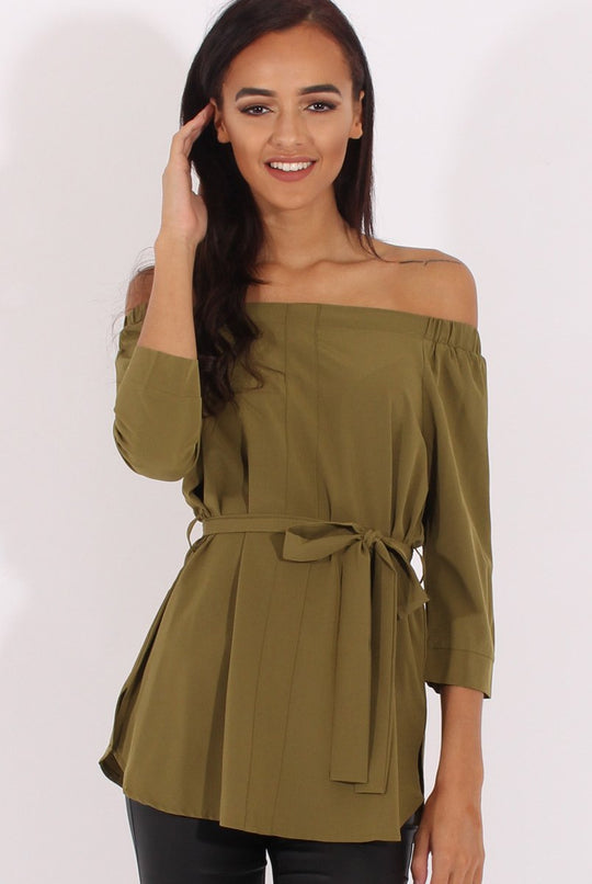 Green Bardot Tie Waist Top - Angie