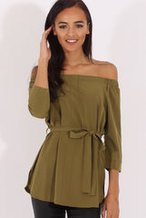 Green Bardot Tie Waist Top - Angie-Tops
