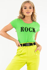 Green Black Rock Slogan Textured T-Shirt - Effie-T-shirt