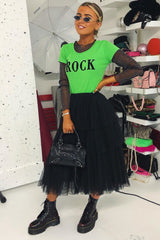 Green Black Rock Slogan Textured T-Shirt - Effie-T-shirt