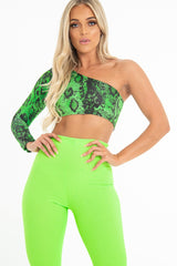 Green Black Snake Print One Shoulder Crop Top - Cherrish-Crop Tops