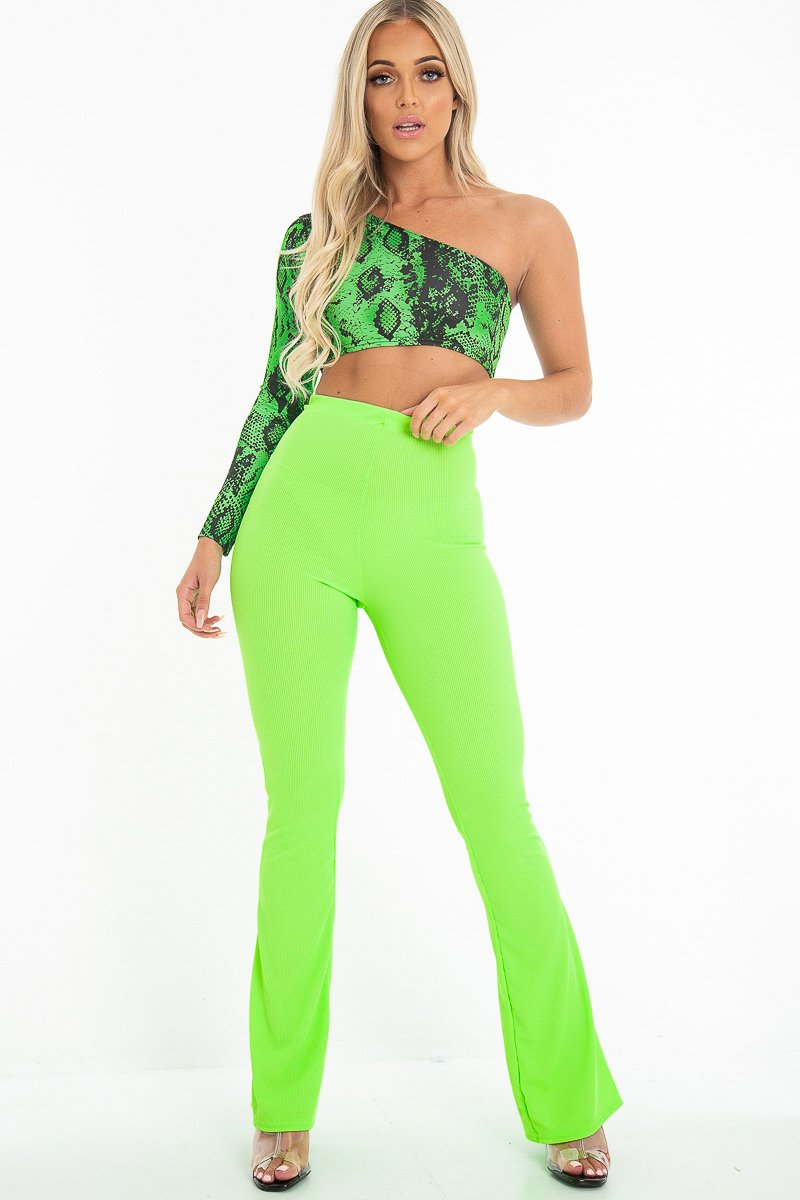 Green Black Snake Print One Shoulder Crop Top - Cherrish-Crop Tops