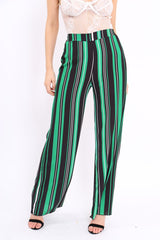 Green, Black and White Striped High Waist Flare Trousers - Jen-Trousers