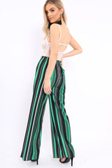 Green, Black and White Striped High Waist Flare Trousers - Jen-Trousers