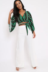 Green Black and White Striped Wrap Tie Crop Blouse - Shannon-Tops