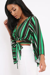 Green Black and White Striped Wrap Tie Crop Blouse - Shannon-Tops