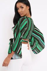 Green Black and White Striped Wrap Tie Crop Blouse - Shannon-Tops