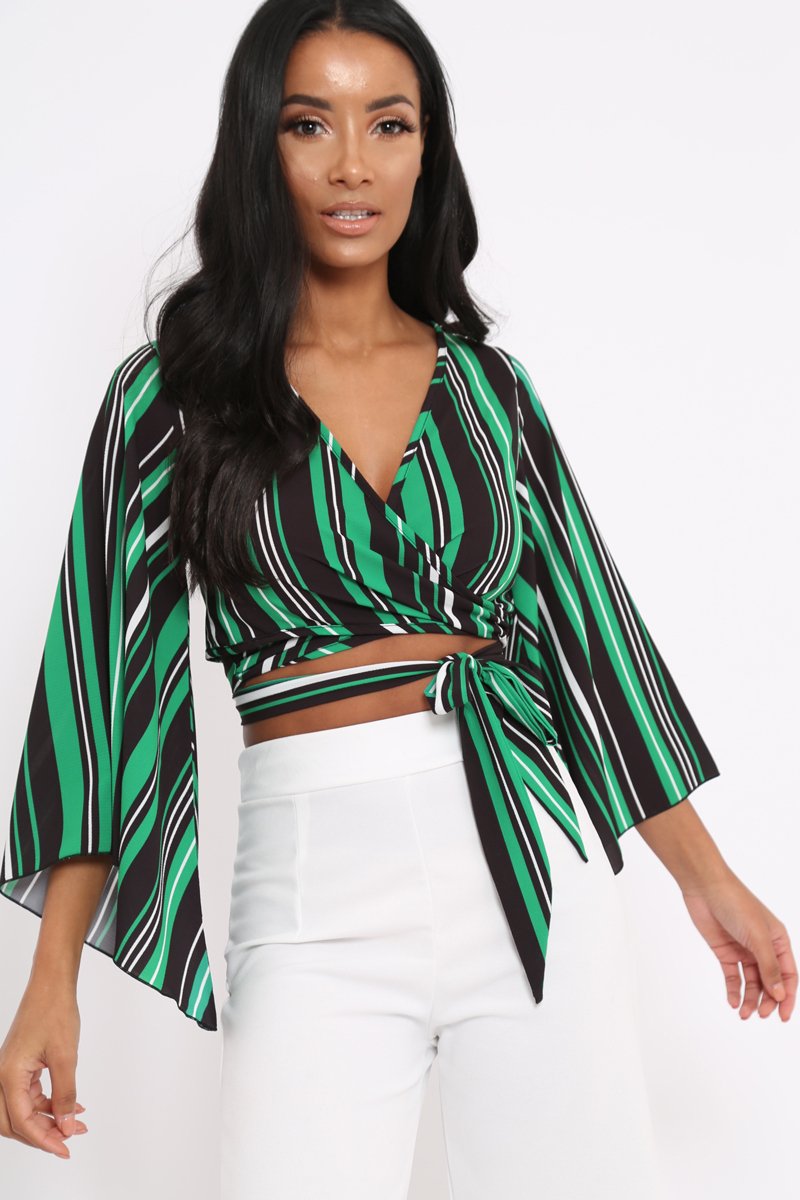 Green Black and White Striped Wrap Tie Crop Blouse - Shannon-Tops