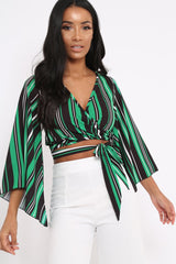 Green Black and White Striped Wrap Tie Crop Blouse - Shannon-Tops