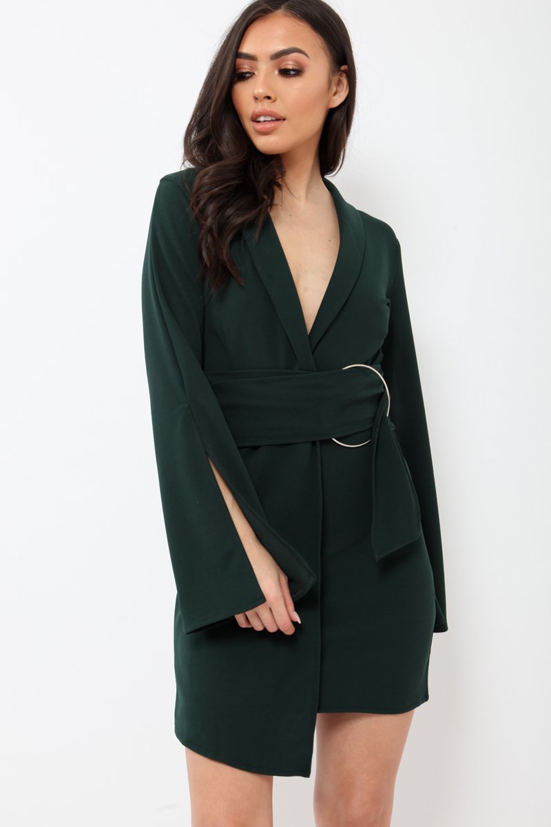 Green Blazer Dress with Ring Belt Detail - Emilie Rebellious Fashion Green Blazer Dress with Ring Belt Detail - Emilie Rebellious Fashion
