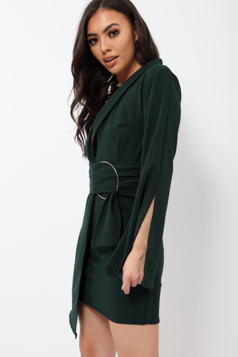 Green Blazer Dress with Ring Belt Detail - Emilie Rebellious Fashion Green Blazer Dress with Ring Belt Detail - Emilie Rebellious Fashion