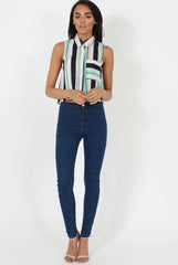 Green & Blue Stripe Sleeveless Shirt - Ayesha-Shirts