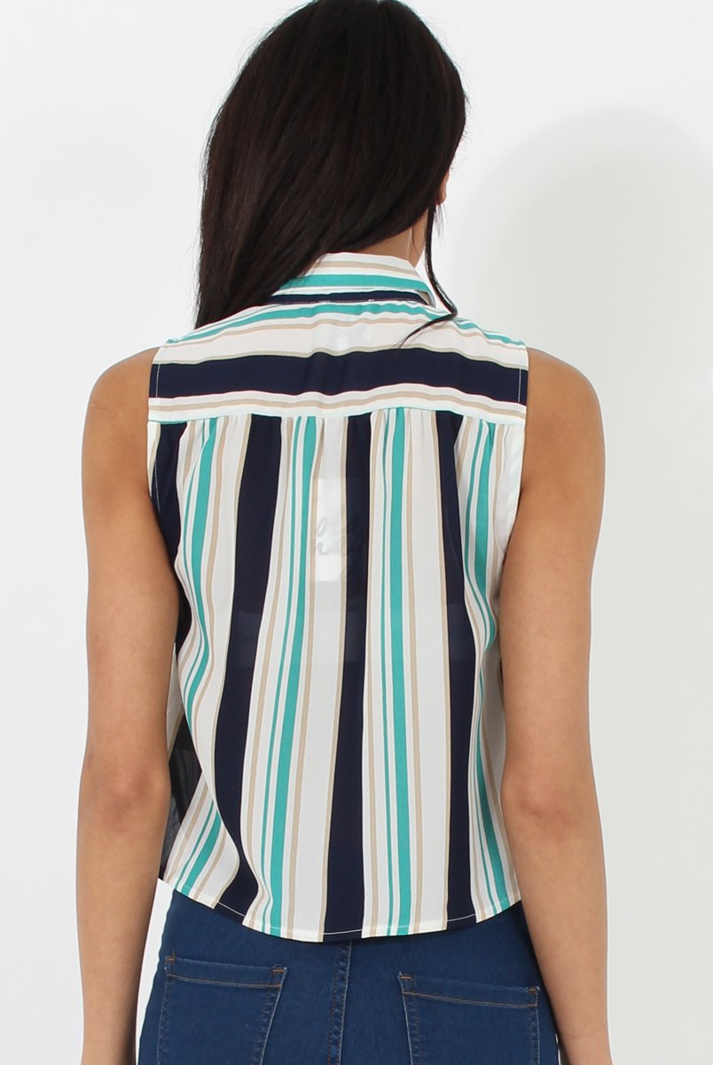 Green & Blue Stripe Sleeveless Shirt - Ayesha-Shirts